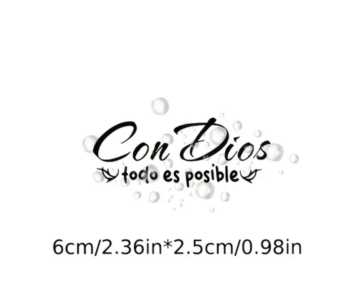Medidas de la pegatina Con Dios todo es posible: 6 × 2,5 cm