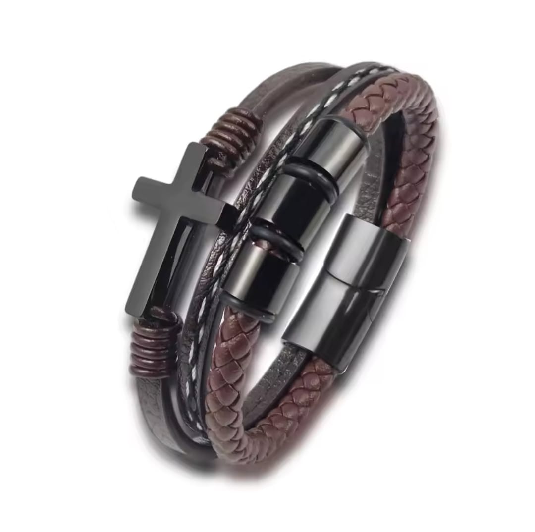 Pulsera Cruz Acero Cuero — Jonás