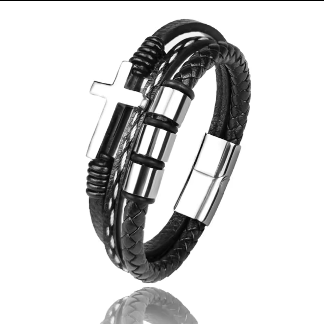 Pulsera Cruz Acero Cuero — Jonás