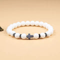 Pulsera Cristiana de Piedra Blanca con Cruz Negra – Acero Inoxidable Premium