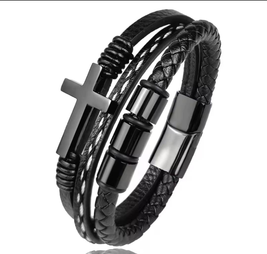 Pulsera Cruz Acero Cuero — Jonás