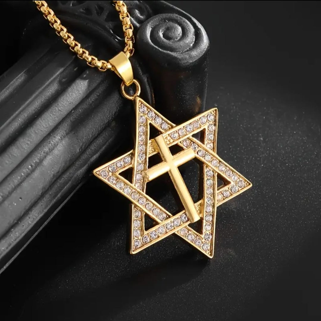 Colgante Estrella de David con Cruz – Dorado Premium ✨✝️
