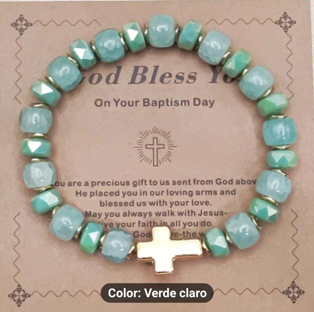 Pulsera Cruz – Piedra Natural verde agua
