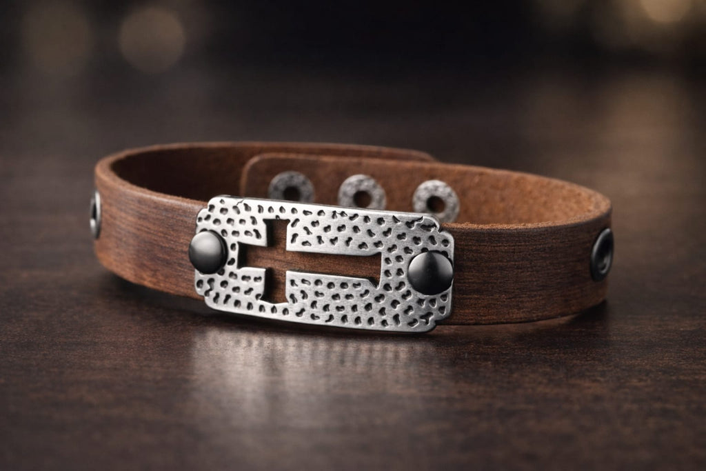 Detalle de pulsera de cuero café del Pack Elías y Eliseo