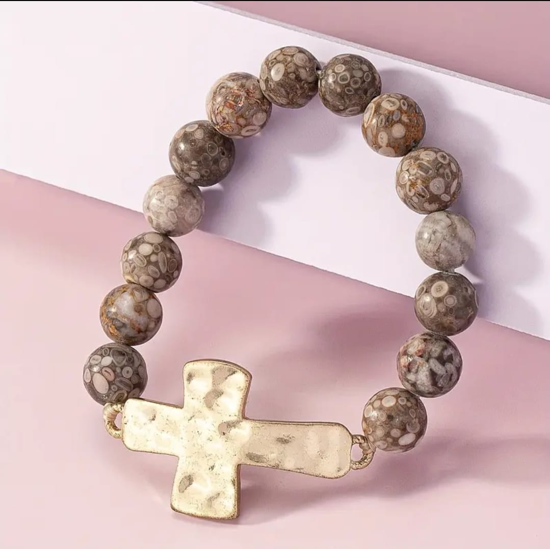 Pulsera Cruz de Fe con Piedra Natural – Pulsera Cristiana Elegante