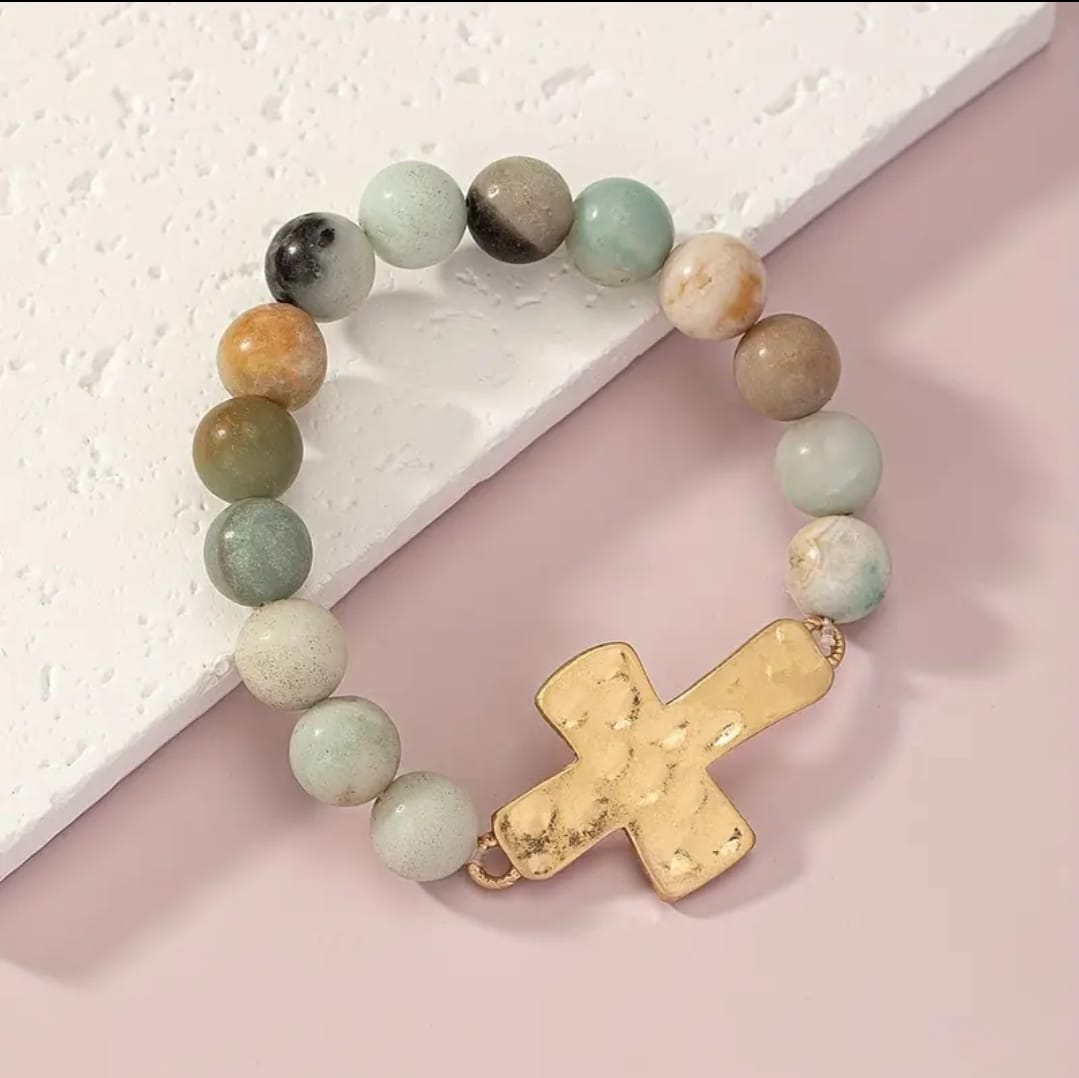 Pulsera Cruz de Fe con Piedra Natural – Pulsera Cristiana Elegante