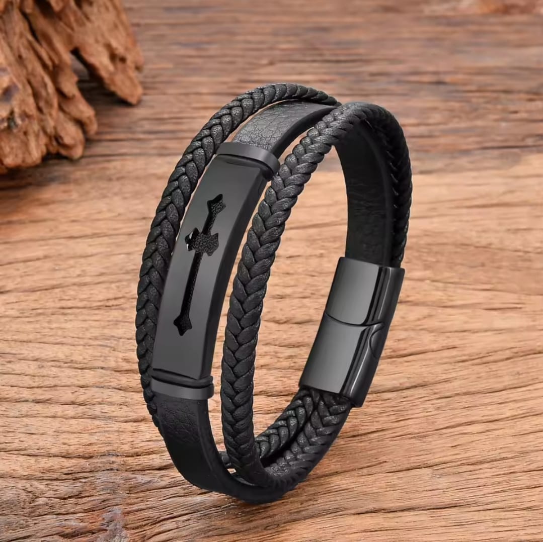 Pulsera Cruz Cuero Trenzado — Tomás