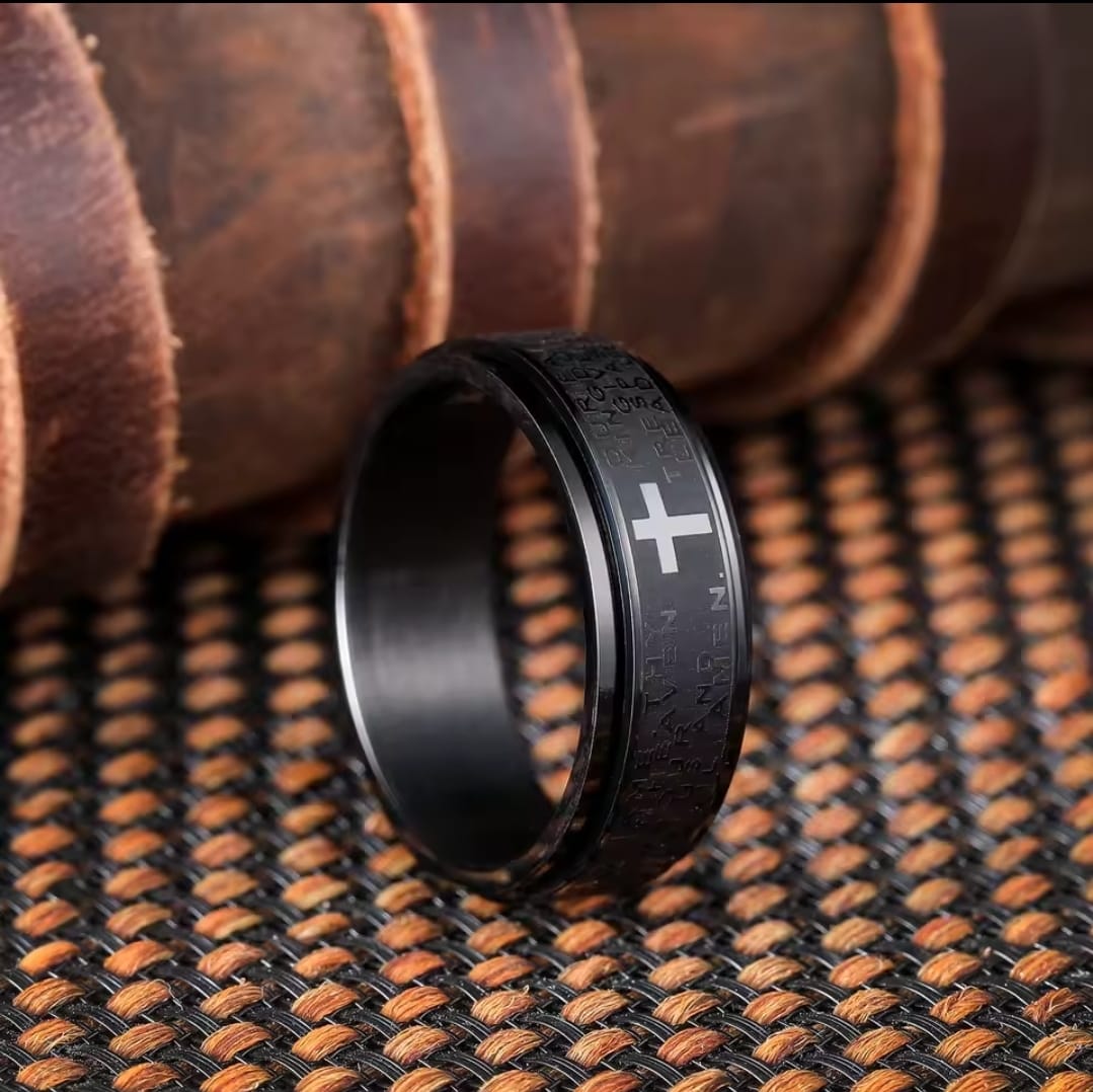 Anillo antiestres Cruz Sagrada – Negro Ébano Premium ✝️