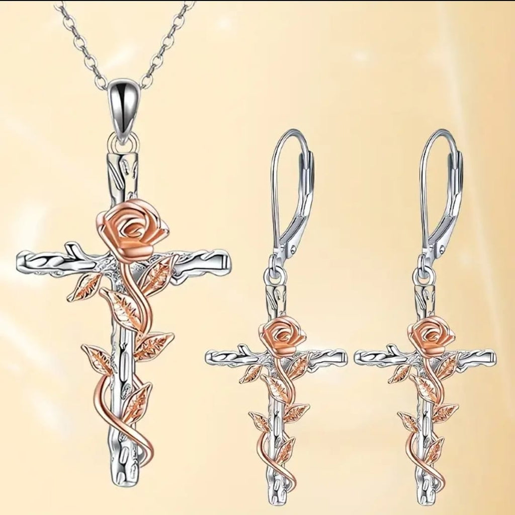 Conjunto Cruz y Rosa | Vida que Florece en Fe — Collar y Aros ✝️🌹