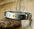 Pulsera Cruz Dorada en Malla Metálica