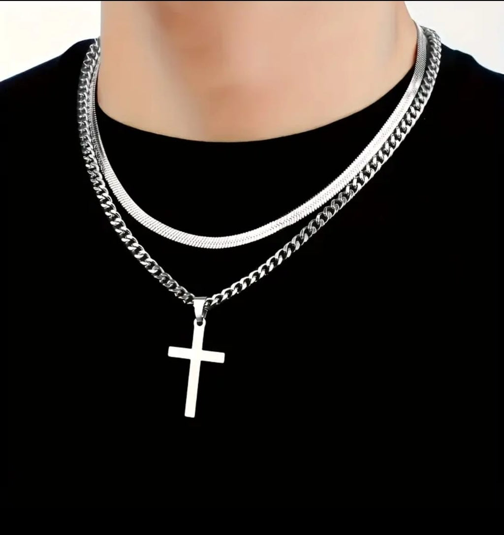 Collar Abner | Doble Cadena Cruz de Acero — Doble Fortaleza ✝️