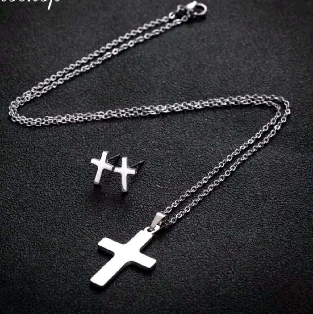 Collar Ezequías | Set Cruz Collar y Aros en Acero — Oración que Alcanza el Cielo ✝️