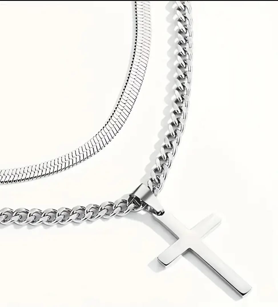 Collar Abner | Doble Cadena Cruz de Acero — Doble Fortaleza ✝️