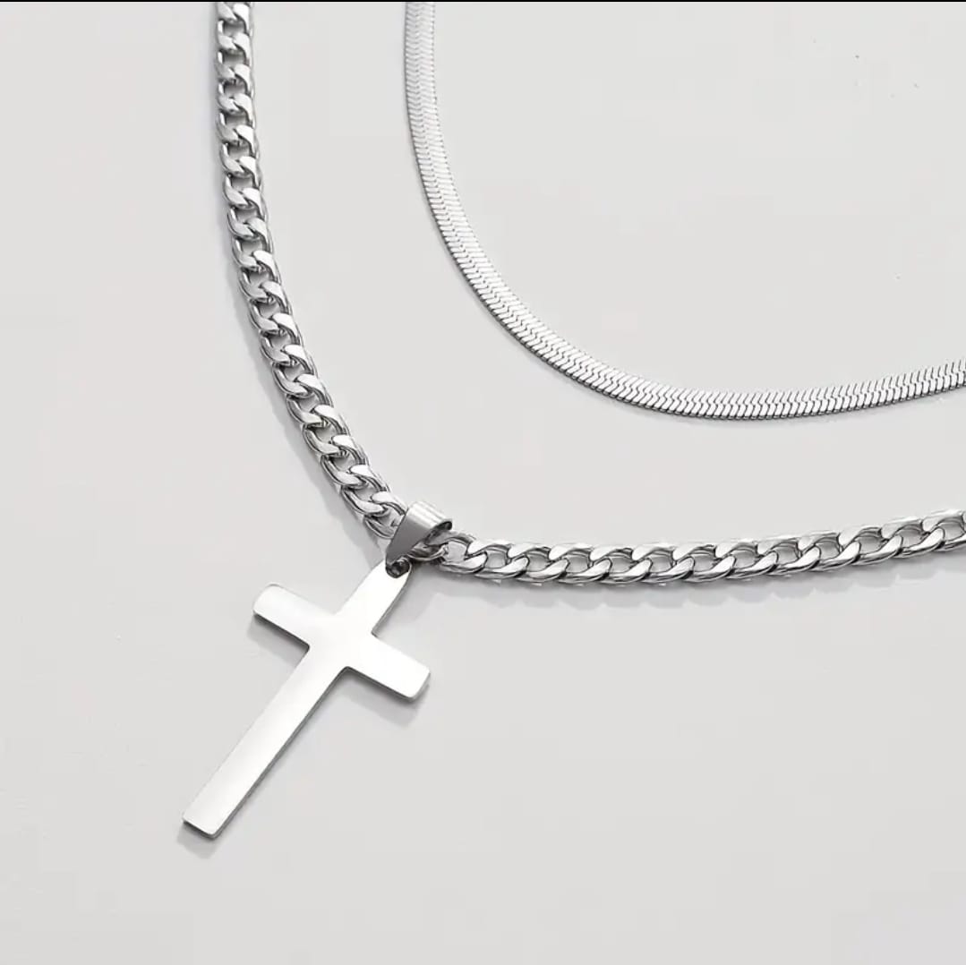 Collar Abner | Doble Cadena Cruz de Acero — Doble Fortaleza ✝️