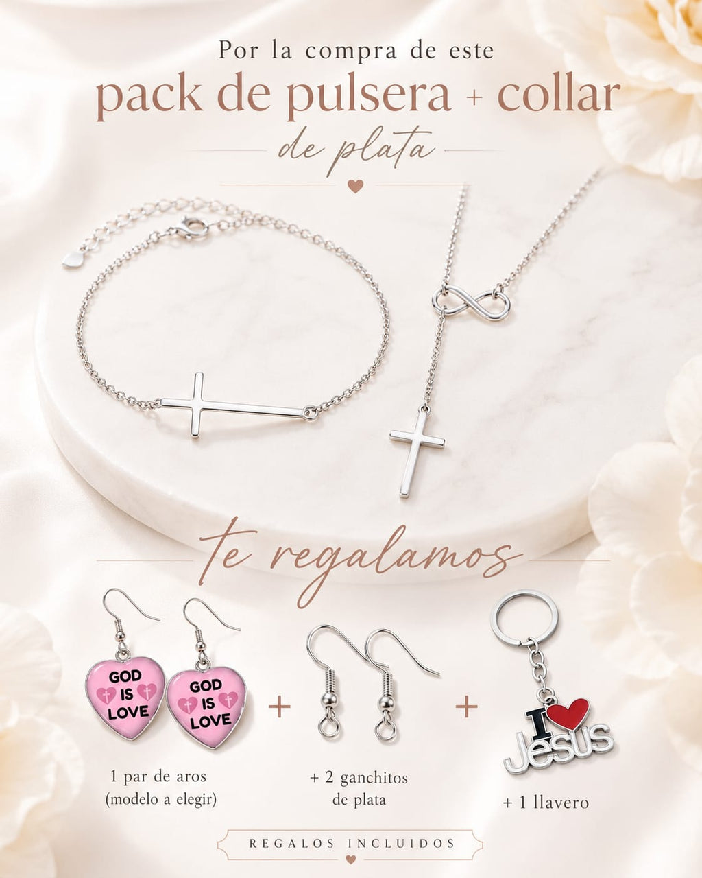 Pack Loida | Collar, Pulsera y Aros en Plata 925 + 3 Regalos — El Más Completo ✝️
