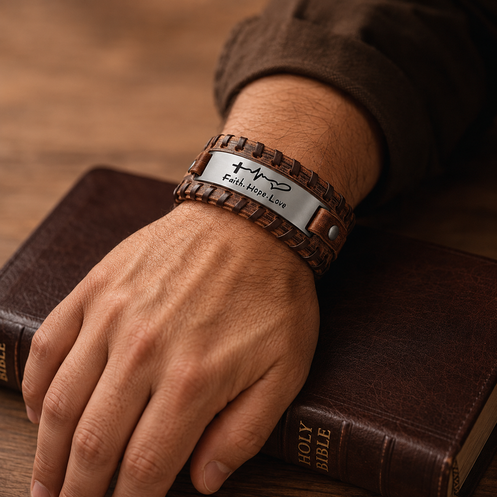 Brazalete Faith Hope Love de cuero puesto en muñeca de hombre