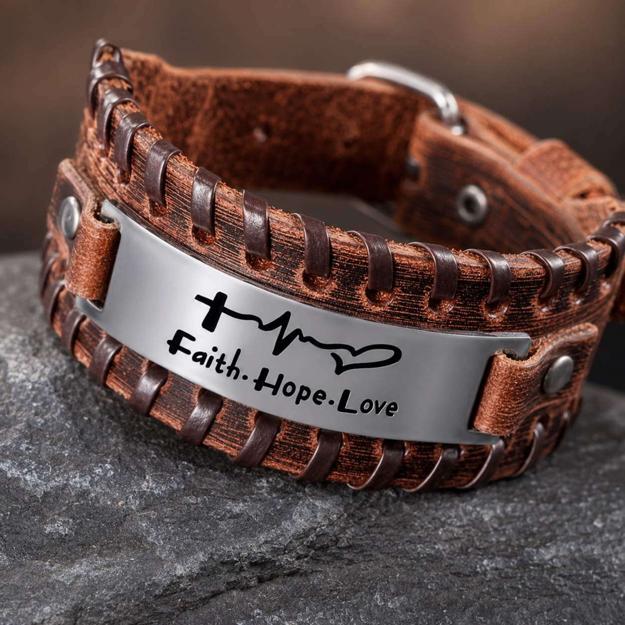 Detalle macro del brazalete Faith Hope Love de cuero y metal