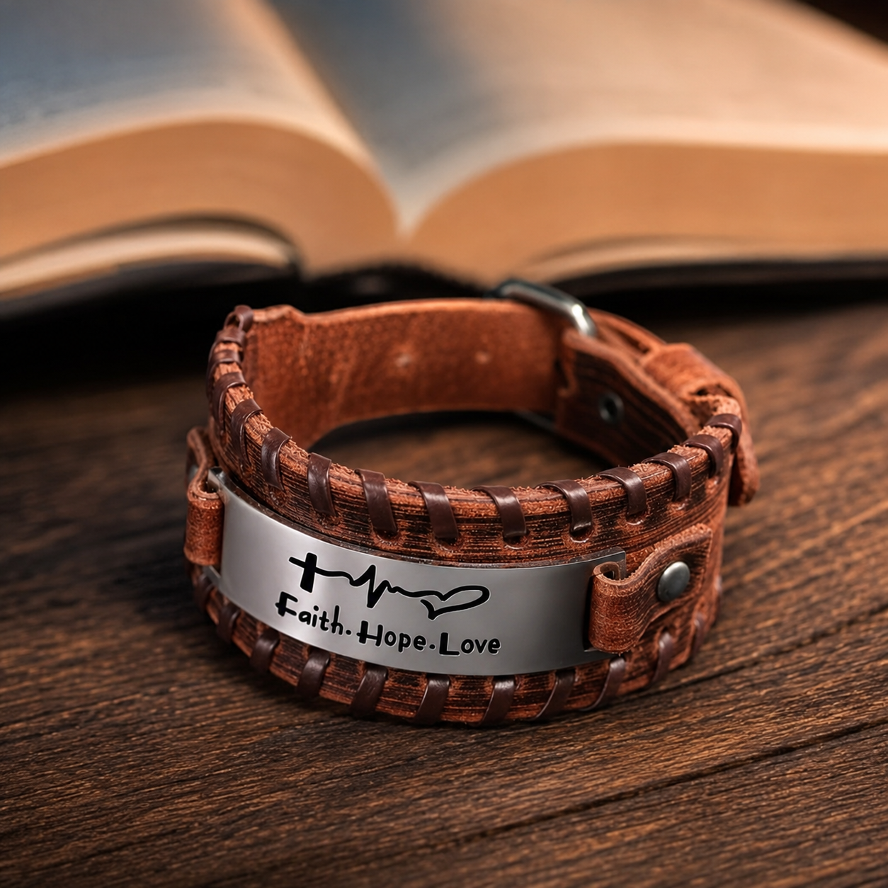 Brazalete Faith Hope Love sobre madera junto a una Biblia