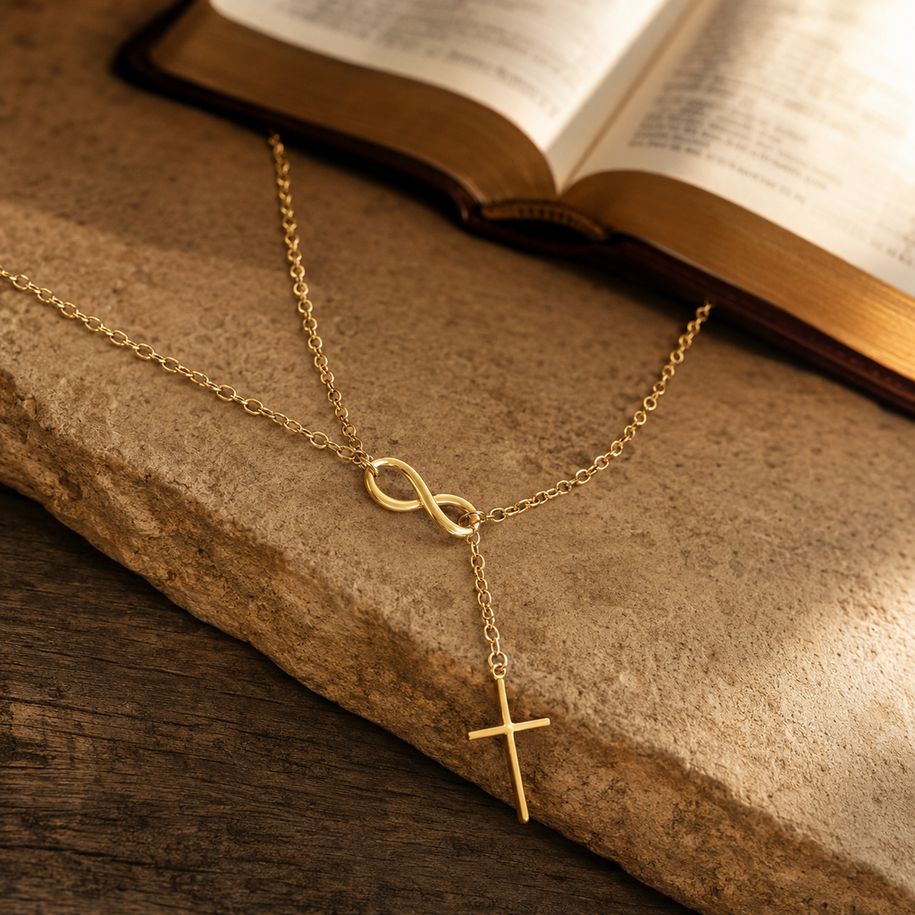 Collar Infinito de Fe con Cruz | Acero Dorado Premium — Amor que No Tiene Fin ✝️♾️ — bible