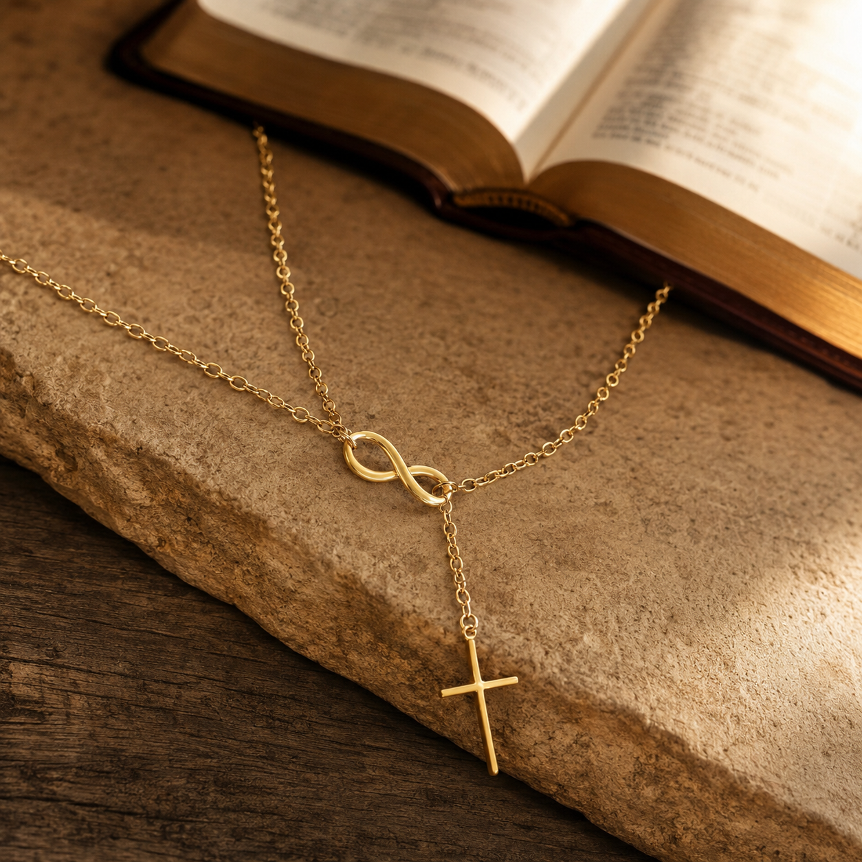 Collar Infinito de Fe con Cruz | Acero Dorado Premium — Amor que No Tiene Fin ✝️♾️ — bible