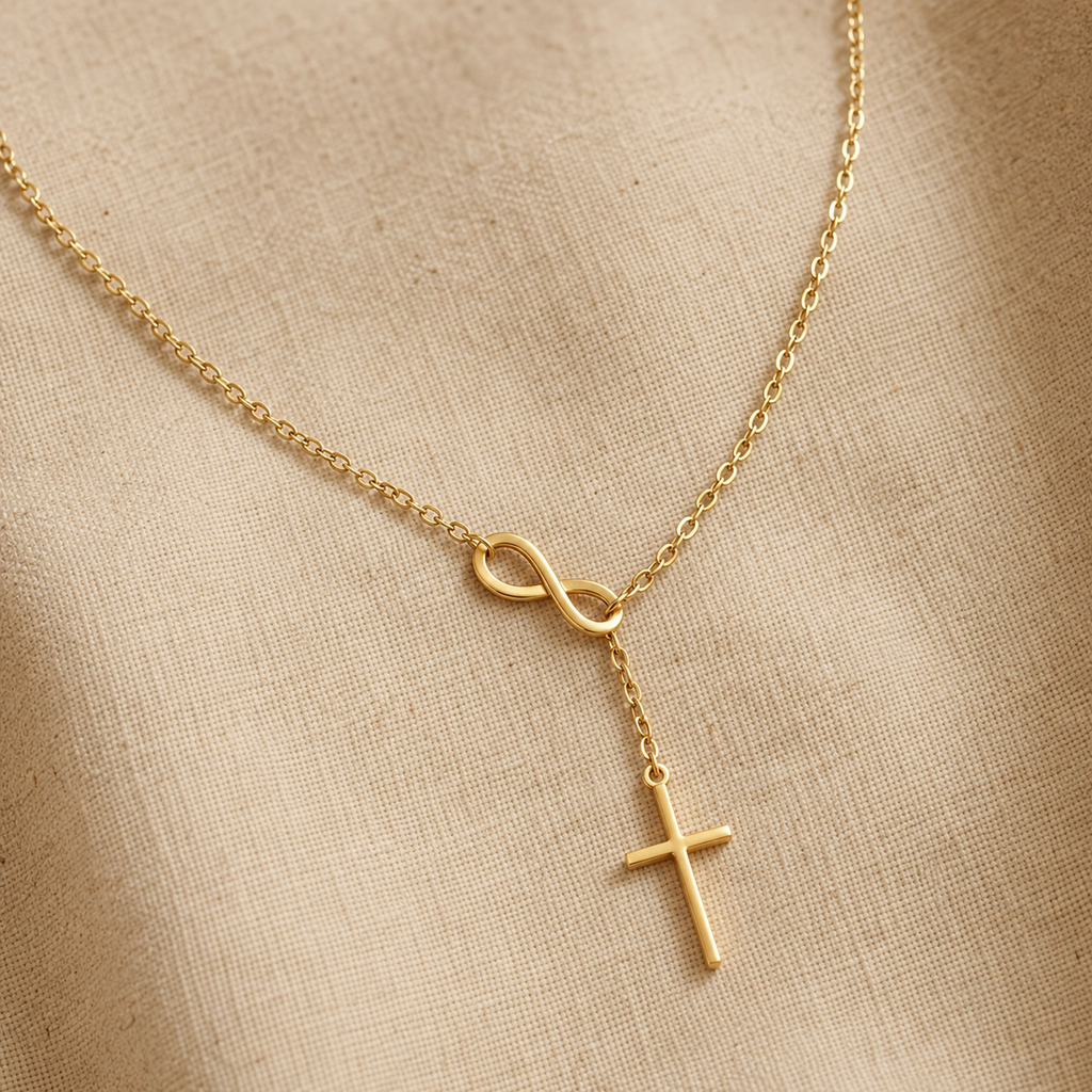 Collar Infinito de Fe con Cruz | Acero Dorado Premium — Amor que No Tiene Fin ✝️♾️ — macro