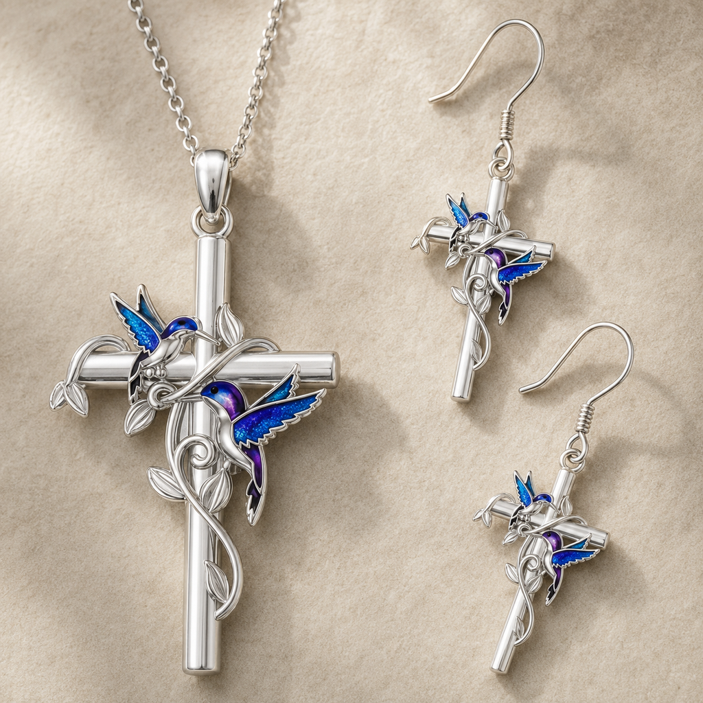 Conjunto Espíritu Santo | Cruz y Paloma de Paz — Collar y Aros ✝️🕊️ — macro