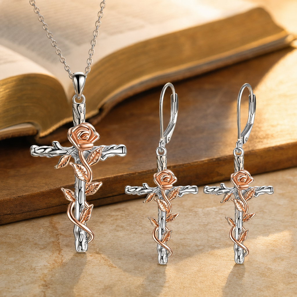 Conjunto Cruz y Rosa | Vida que Florece en Fe — Collar y Aros ✝️🌹 — bible