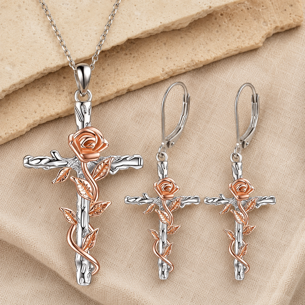 Conjunto Cruz y Rosa | Vida que Florece en Fe — Collar y Aros ✝️🌹 — macro