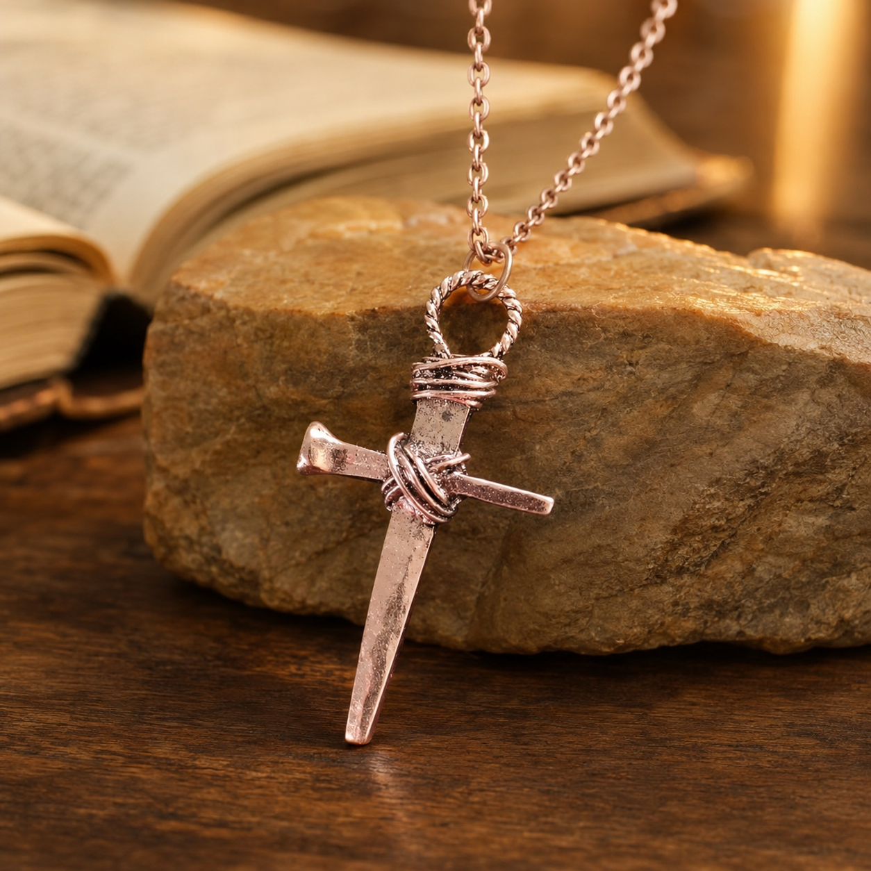 Collar Cruz Clavo de Jesús Color Cobre | Collar Cristiano de Acero Inoxidable Premium | Joyería Cristiana de Fe para Hombre y Mujer — bible