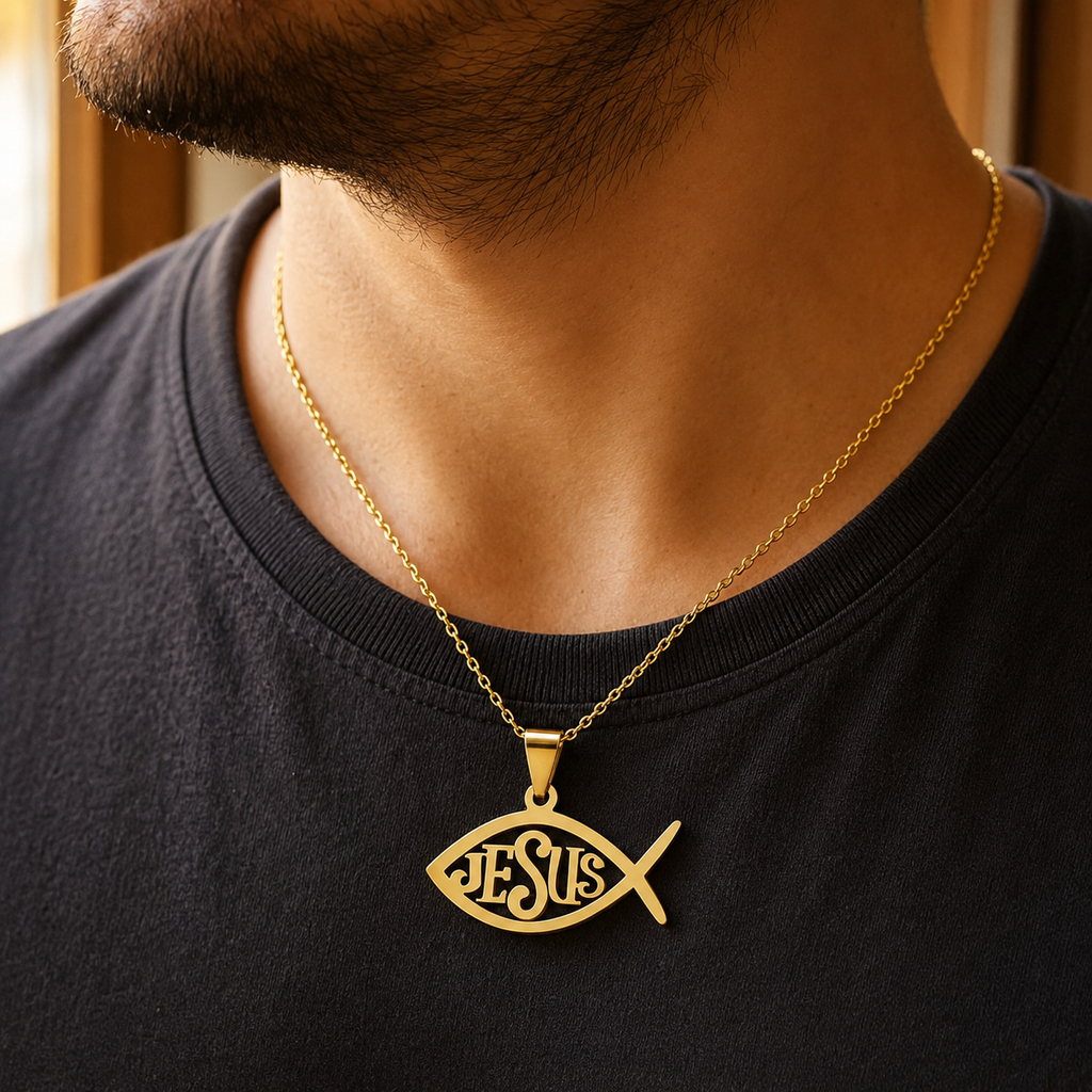 Collar Jesús Ichthys | Pez Dorado de Fe — El Camino, la Verdad y la Vida ✝️🐟 — model