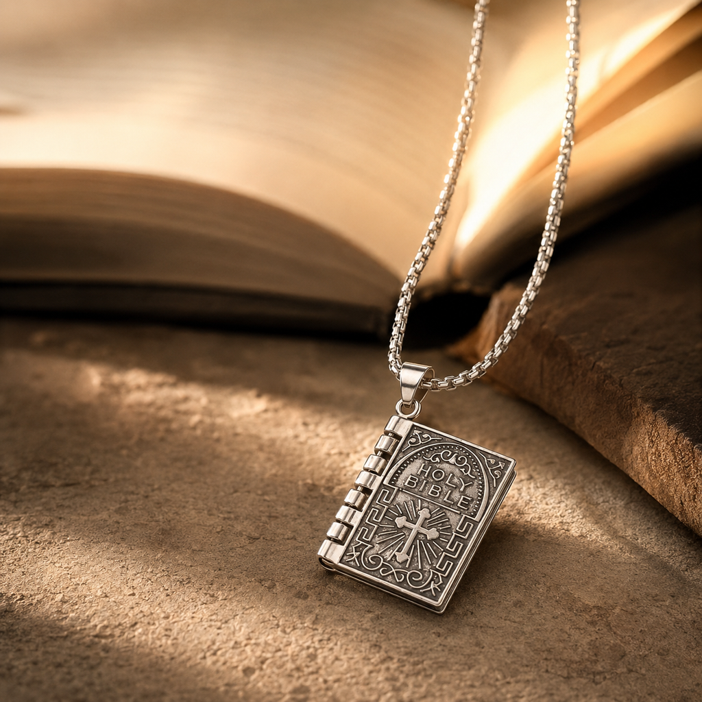 Collar Biblia Eterna | Acero Inoxidable — La Palabra Siempre Contigo ✝️📖 — escena editorial con Biblia