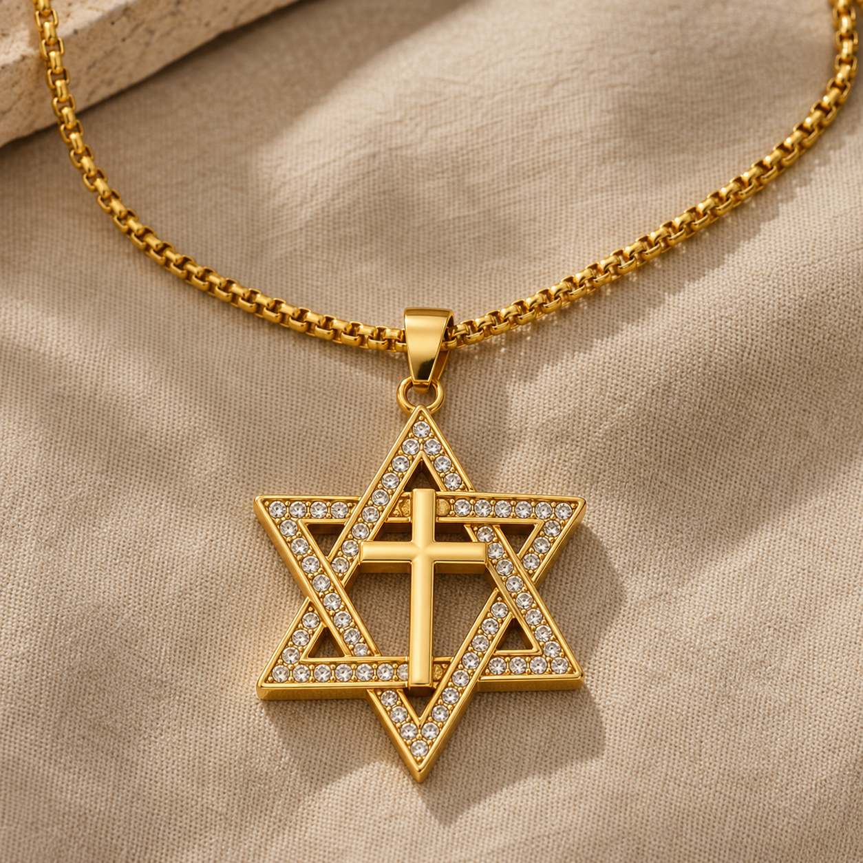 Colgante Estrella de David con Cruz – Dorado Premium ✨✝️ — detalle macro