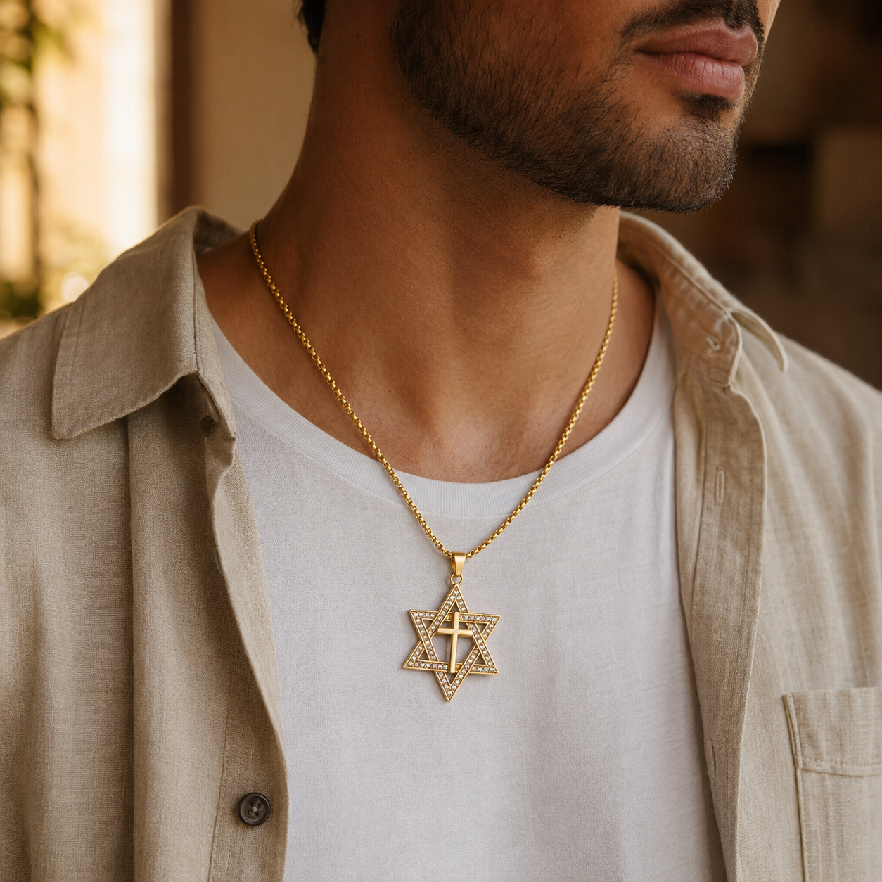Colgante Estrella de David con Cruz – Dorado Premium ✨✝️ — modelo
