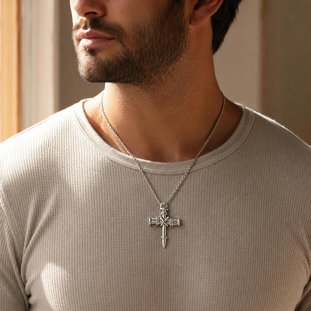 Collar Cruz Clavos Hombre | Sé Fuerte y Valiente — model