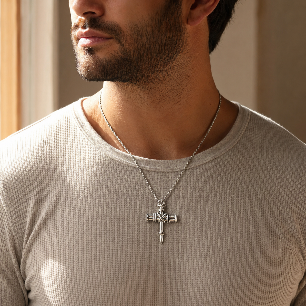 Collar Cruz Clavos Hombre | Sé Fuerte y Valiente — model