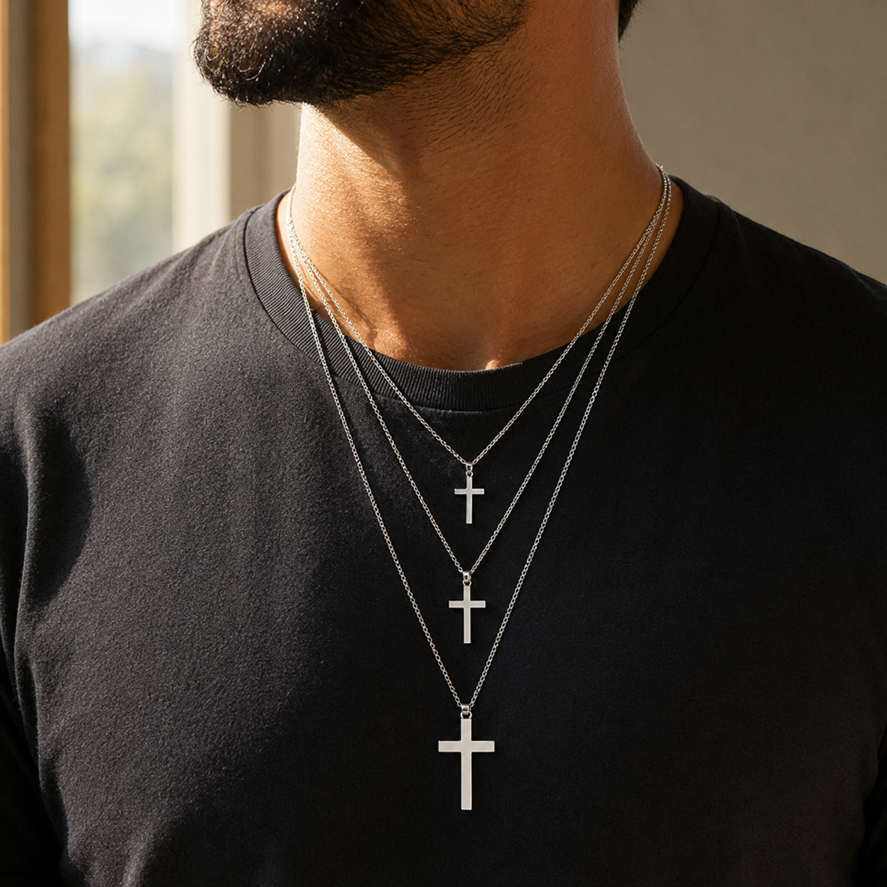 Set de 3 Collares Cruz — modelo hombre con los tres collares