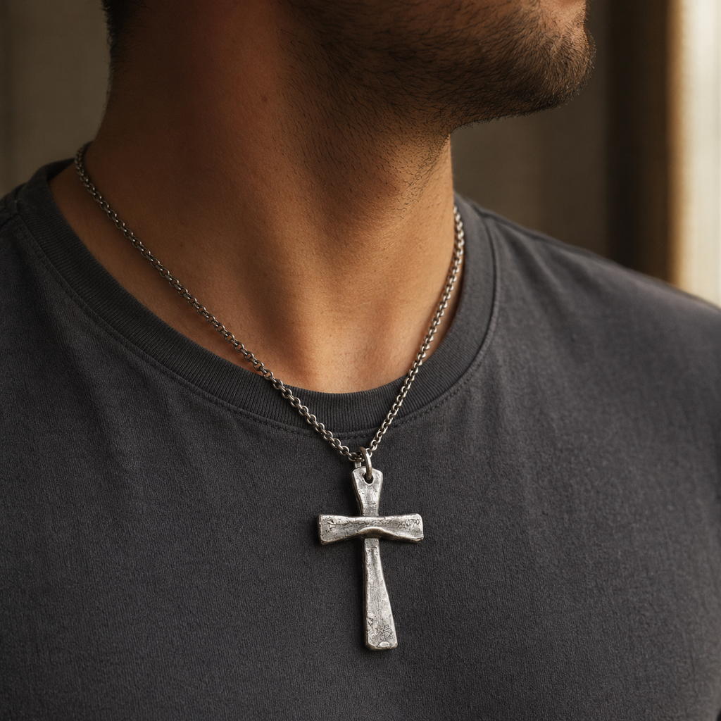 Collar Cruz Texturizada en Acero Inoxidable — Tu Ancla en Medio de la Tormenta — model