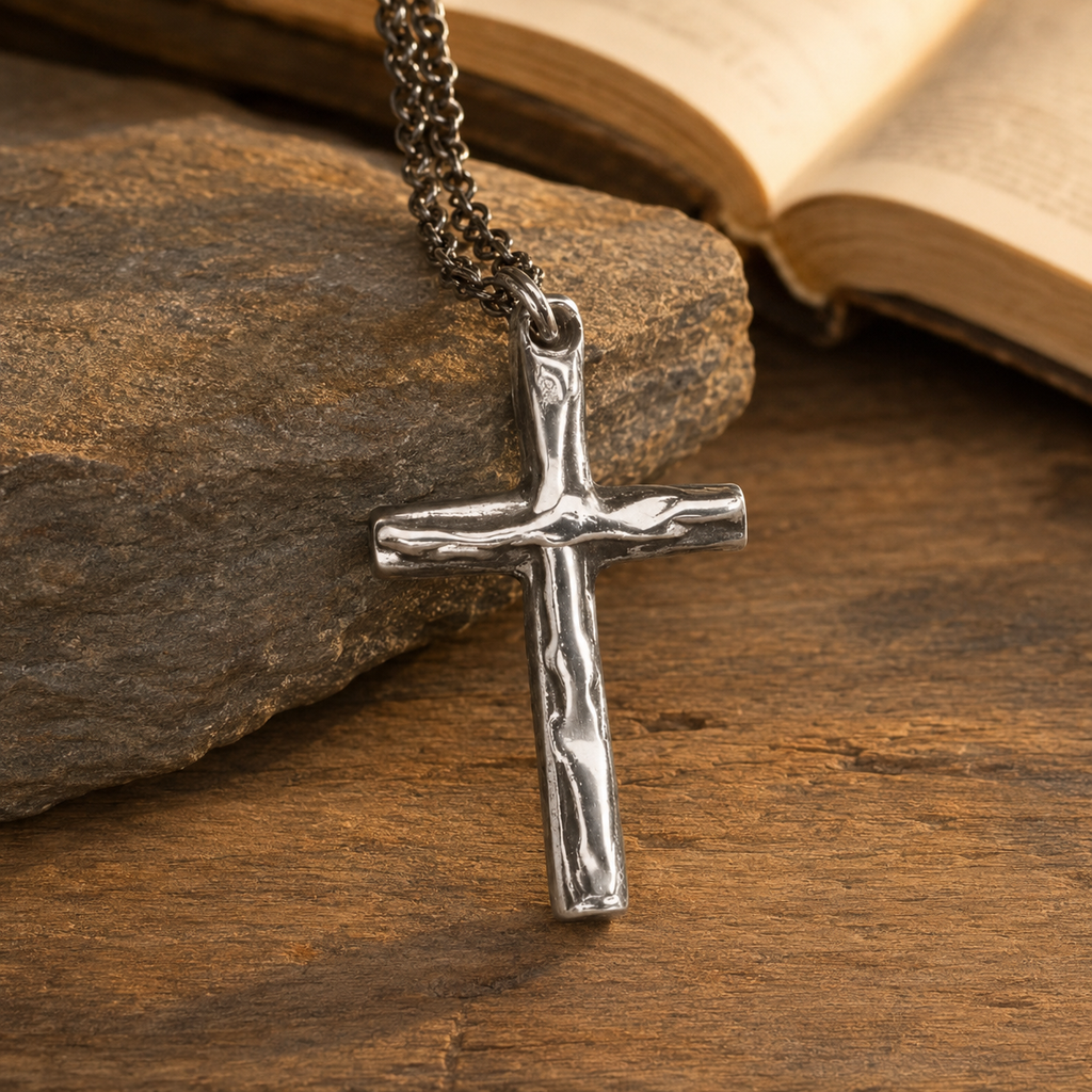Collar Cruz Texturizada en Acero Inoxidable — Tu Ancla en Medio de la Tormenta — bible