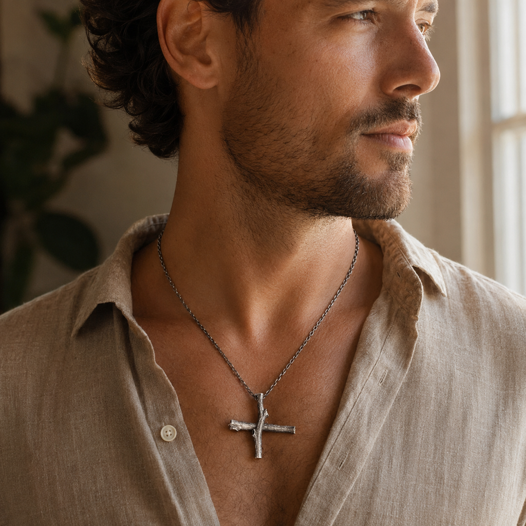 Collar Cruz de Madera | Raíces de Fe — model
