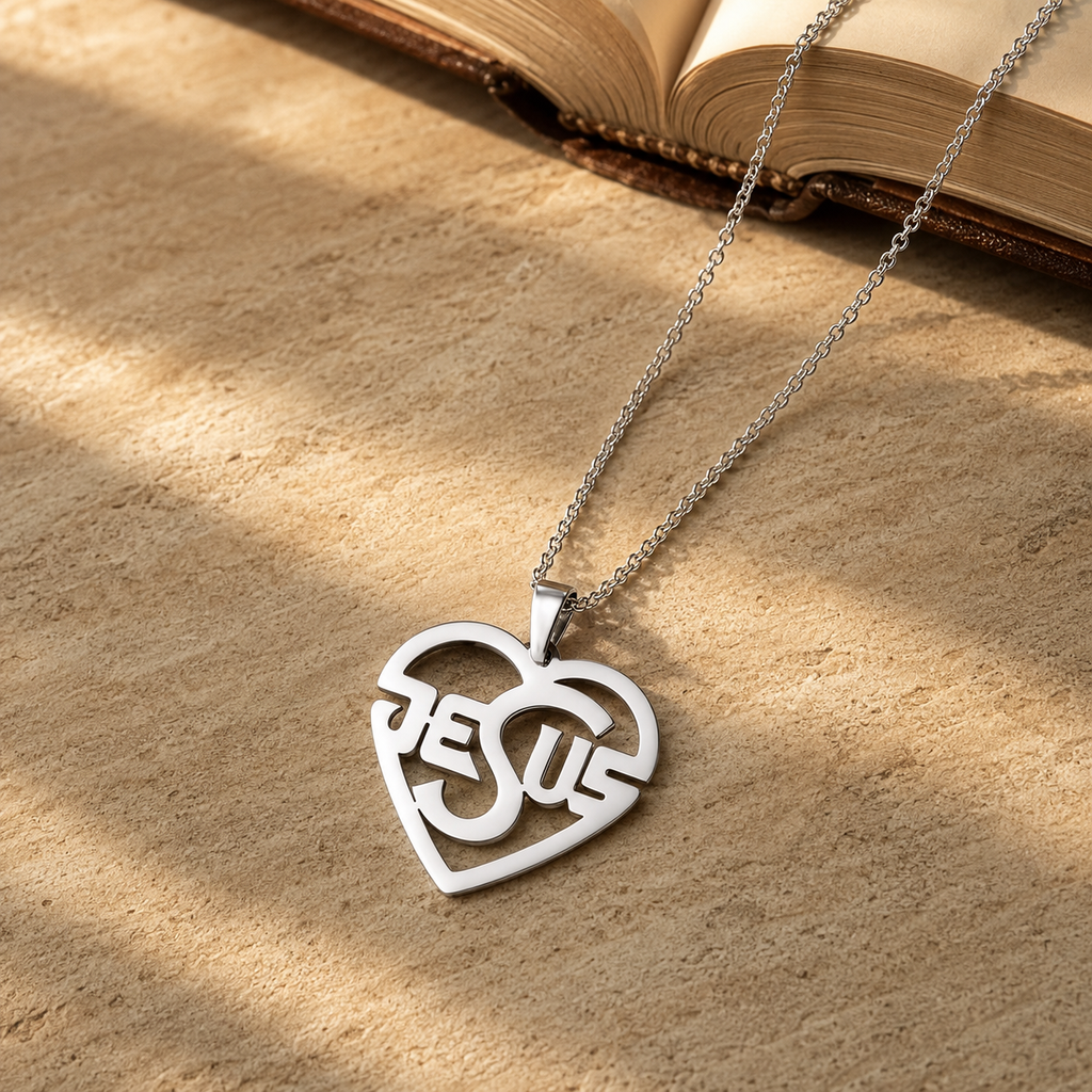 Collar Corazón Jesús | Sé Tú Mi Luz — escena editorial con Biblia