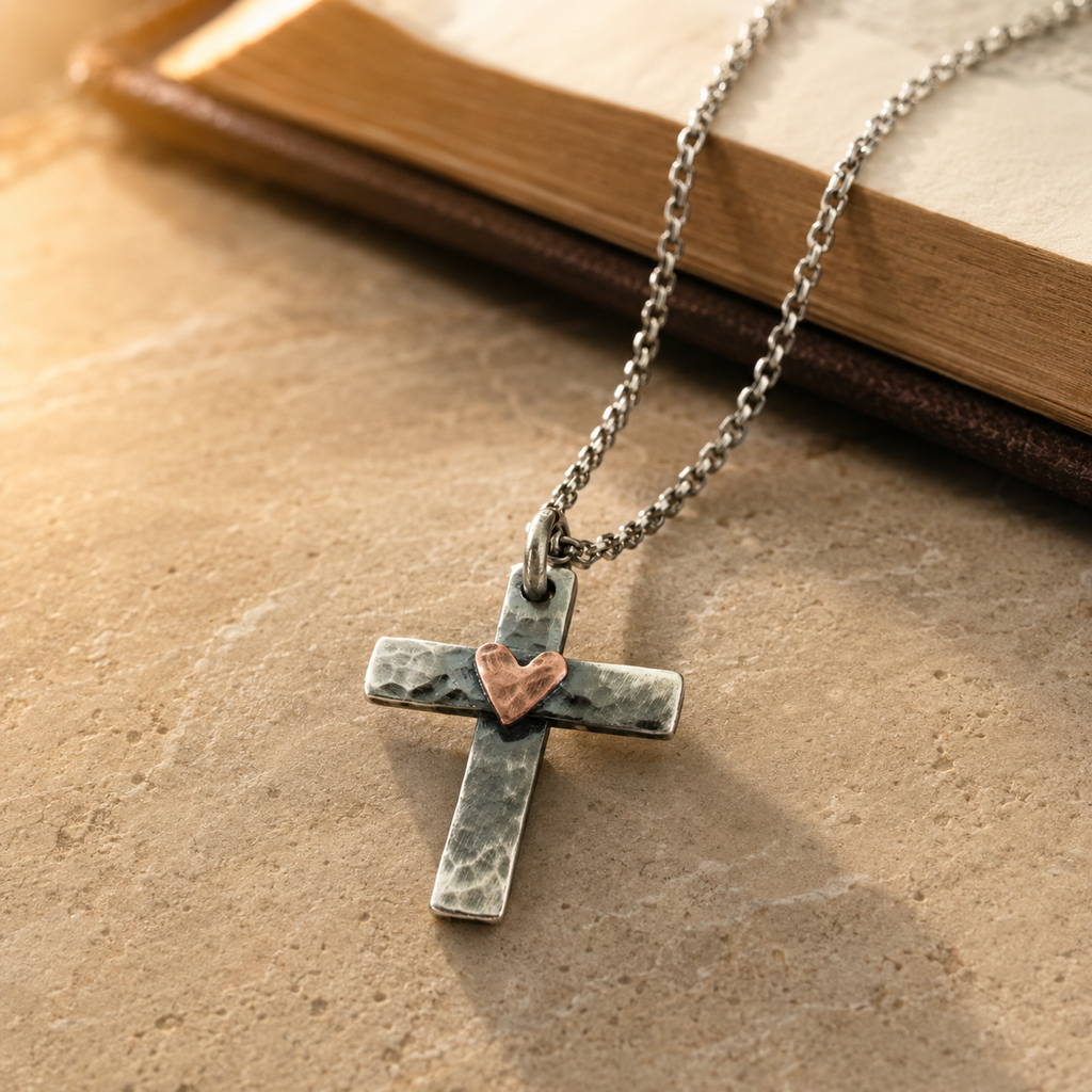 Colgante Cruz con Corazón Forjado a Mano — escena editorial con Biblia