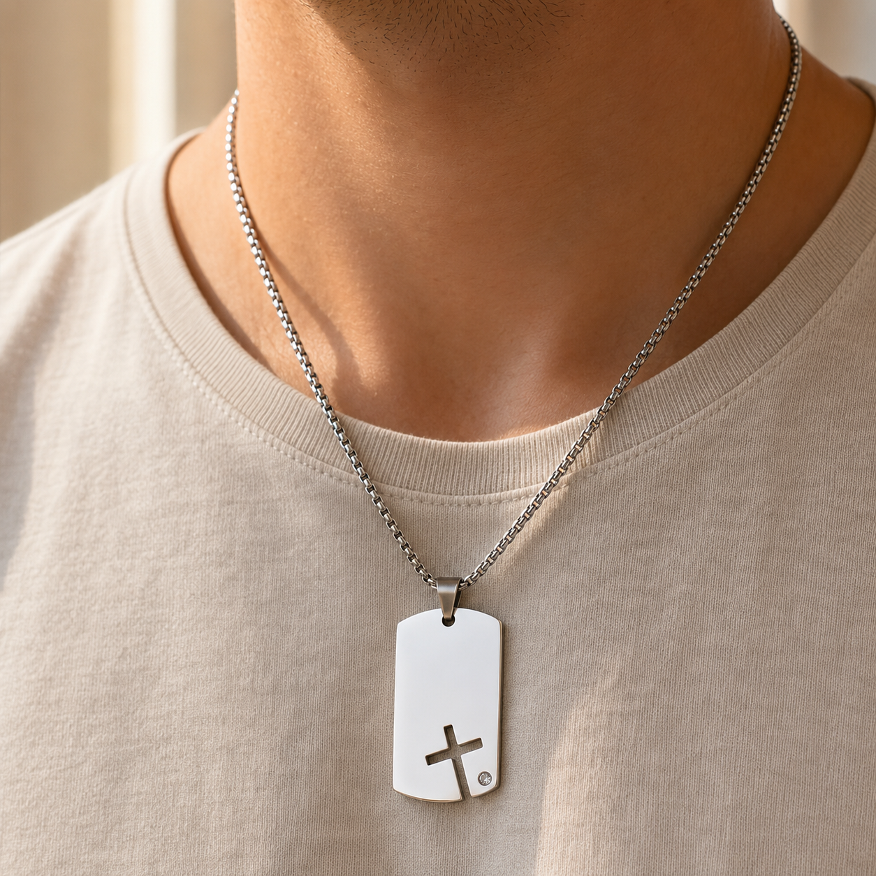 Collar Cruz Placa Eterna | Hágase Tu Voluntad — model