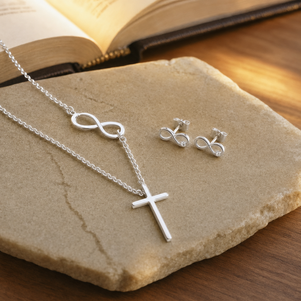 Collar Cruz e Infinito del Pack Rut y Noemí junto a una Biblia