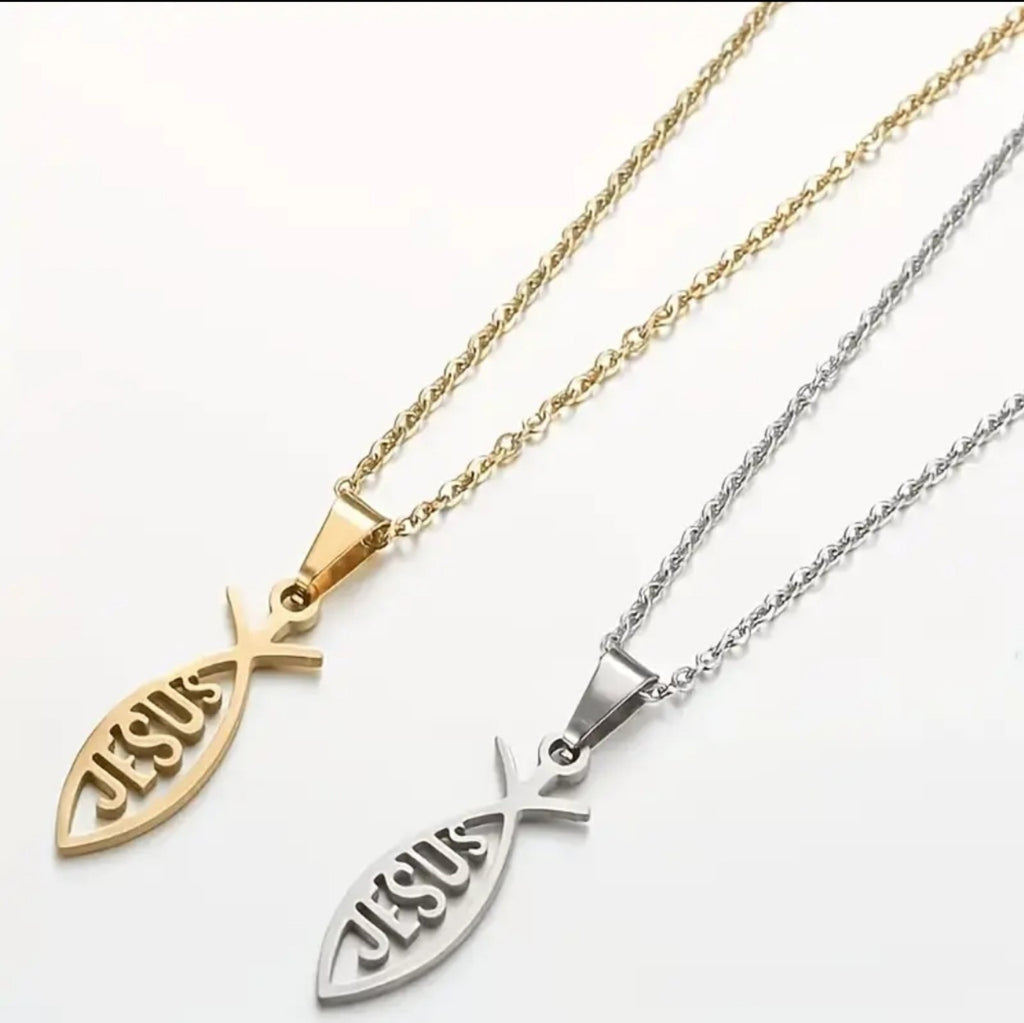 Collar Ichthys Mini Jesús en acero, variantes dorada y plateada