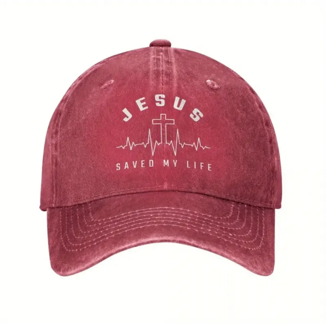 Jockey cristiano vintage rojo estampado Jesus Saved My Life con cruz