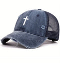 Jockey cristiano vintage azul desgastado con cruz bordada blanca