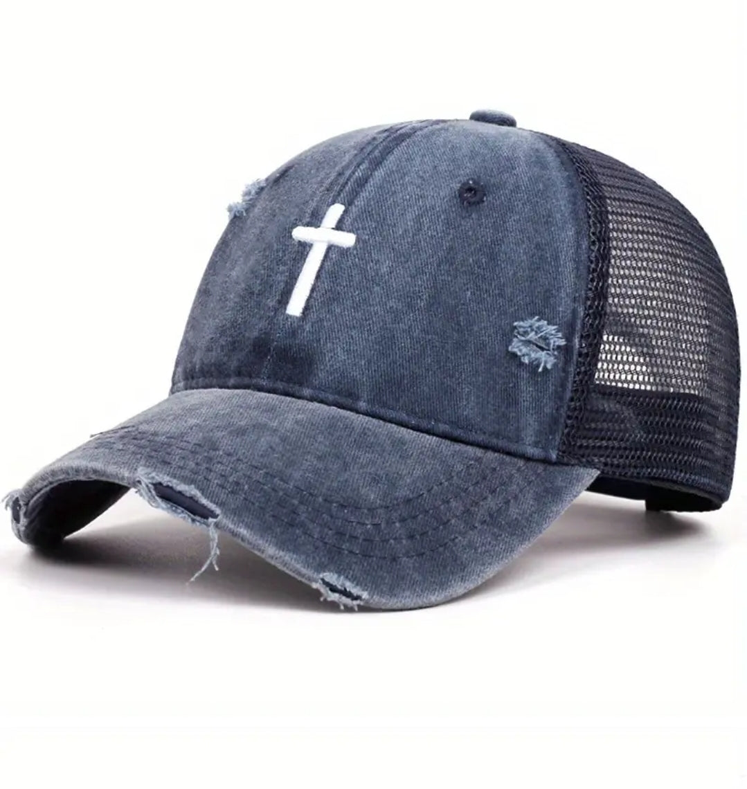 Jockey cristiano vintage azul desgastado con cruz bordada blanca