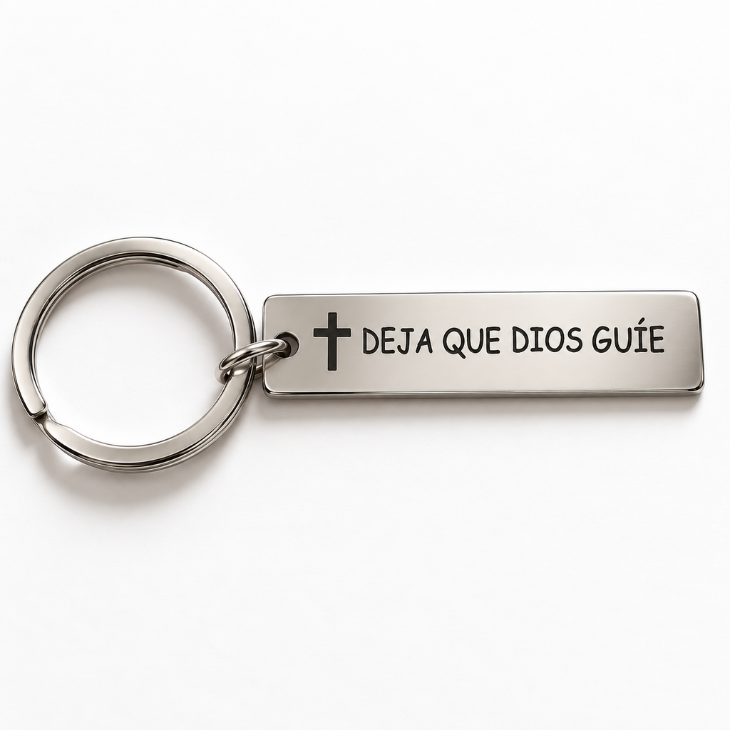 Llavero cristiano de acero inoxidable con cruz y frase Deja que Dios Guíe