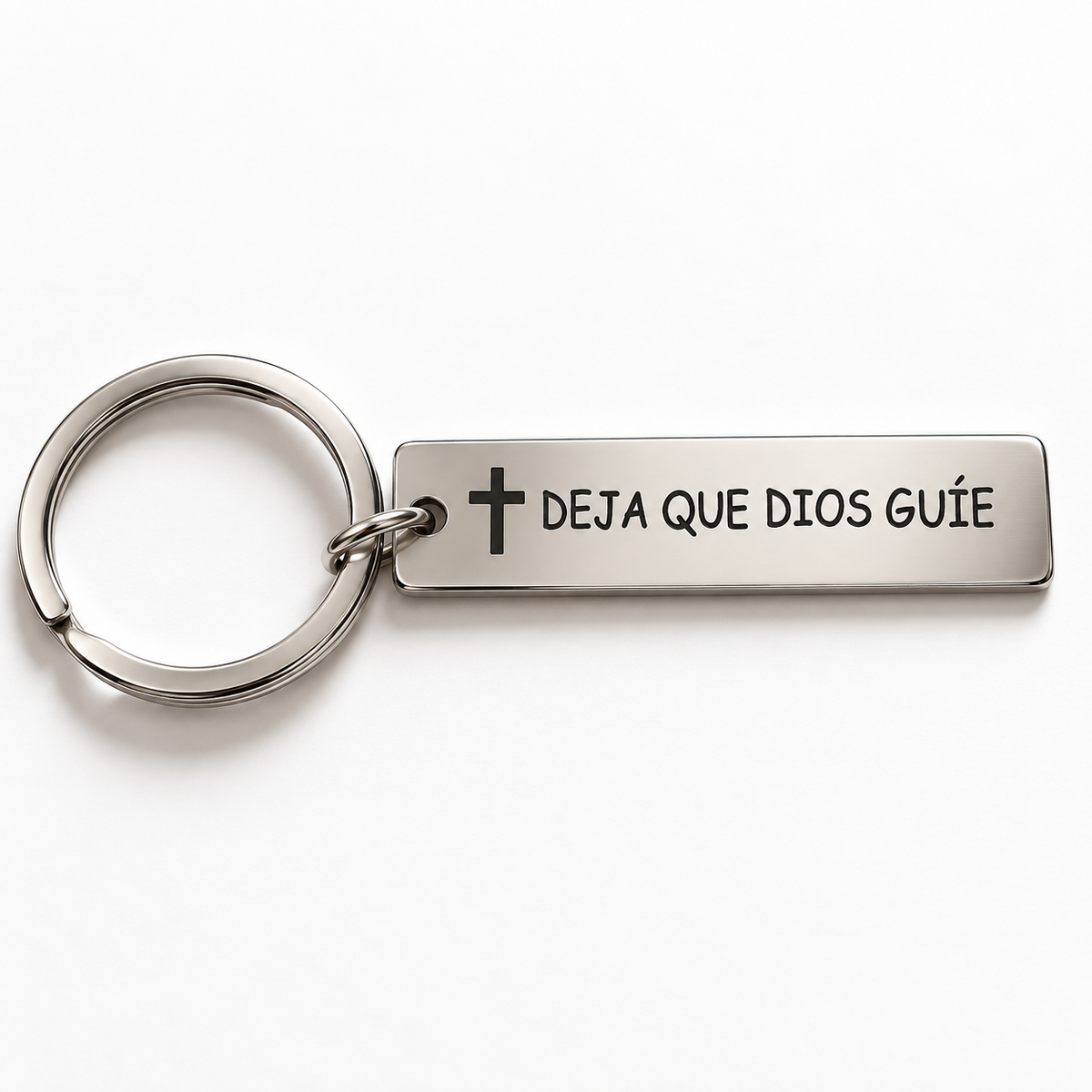 Llavero cristiano de acero inoxidable con cruz y frase Deja que Dios Guíe
