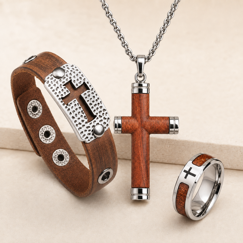 Pack Elías y Eliseo con collar Benaía, anillo de acero y madera, y pulsera de cuero café